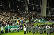 20 November 2010; A general view of the teams during the national anthem. Autumn International, Ireland v New Zealand, Aviva Stadium, Lansdowne Road, Dublin. Picture credit: Stephen McCarthy / SPORTSFILE