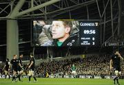 20 November 2010; Ronan O'Gara is shown on the big screen watching on from the substitutes bench. Autumn International, Ireland v New Zealand, Aviva Stadium, Lansdowne Road, Dublin. Picture credit: Stephen McCarthy / SPORTSFILE