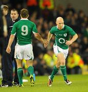 20 November 2010; Peter Stringer, Ireland, comes onto the pitch as a second half substitution, to replace Eoin Reddan, 9. Autumn International, Ireland v New Zealand, Aviva Stadium, Lansdowne Road, Dublin. Picture credit: Stephen McCarthy / SPORTSFILE