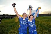 21 November 2010; Katie Geoghegan, left, and player of the match Shauna Harvey, West Clare Gaels, Clare, celebrate after the game. Tesco All-Ireland Intermediate Ladies Football Club Championship Final, West Clare Gaels, Clare v St Conleth's, Laois, McDonagh Park, Nenagh, Co. Tipperary. Picture credit: Diarmuid Greene / SPORTSFILE