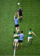 28 August 2016; Brian Fenton, left, and Michael Darragh MacAuley of Dublin compete for the throw-in against Anthony Maher, left, and David Moran of Kerry at the start of the GAA Football All-Ireland Senior Championship Semi-Final game between Dublin and Kerry at Croke Park in Dublin. Photo by Daire Brennan/Sportsfile
