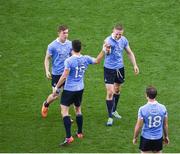 28 August 2016; Dublin players, left to right, Con O'Callaghan, Bernard Brogan, Eoghan O'Gara, and Tomás Brady, celebrate after the GAA Football All-Ireland Senior Championship Semi-Final game between Dublin and Kerry at Croke Park in Dublin. Photo by Daire Brennan/Sportsfile