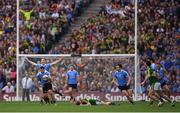 28 August 2016; Peter Crowley of Kerry lies on the ground after receiving a shoulder late in the game during the GAA Football All-Ireland Senior Championship Semi-Final match between Dublin and Kerry at Croke Park in Dublin. Photo by Stephen McCarthy/Sportsfile