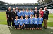 28 August 2016; The Dublin team, back row, from left, Oisín Doyle, St Joseph's NS, Hacketstown, Carlow, Shamey O'Hagan, Monamolin NS Gorey, Wexford, Jack Hanlon, St Lorcan's BNS, Palmerstown, Dublin, and Adam O'Neill, St Fiachra's Senior School, Beamount, Dublin. Front row, from left, Alex Kelliher, Ballon NS, Ballon, Carlow, Liam Osbourne, St Finnian's NS, Dunleer, Louth, Luke Whitney, St Oliver Plunkett BNS, Moate, Westmeath,  and Conor Foley, Scoil Mhuire Horeswood, New Ross, Wexford, Eoghan Curran, St Oliver Plunkett BNS, Moate, Westmeath, and Daniel Reilly, St Mary's Parish Primary School, Drogheda, Louth, with from left, coach Pat Monaghan, INTO president Rosena Jordan, President of Cumann na mBunscol Liam McGee, Uachtarán Chumann Lúthchleas Gaeil Aogán Ó Fearghail, LGFA President Marie Hickey and Mini-Sevens Coordinator Gerry O'Meara, prior to the INTO Cumann na mBunscol GAA Respect Exhibition Go Games at the GAA Football All-Ireland Senior Championship Semi-Final game between Dublin and Kerry at Croke Park in Dublin. Photo by Piaras Ó Mídheach/Sportsfile