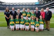 28 August 2016; The Kerry team, back row, from left, Aoife Neville, Monaleen NS, Monaleen, Castletroy, Limerick, Emily Coffey, Ovens NS, Ovens, Cork, and Ailish Breen, Scoil Ailbhe, Caherelly, Limerick, representing Kerry. Front row, from left, Róisín Montgomery, Mullagh NS, Mullagh, Ennis, Clare, Meabh Coleman Horgan, Cullina NS, Beaufort, Kerry, Niamh Laffan, Portlaw NS, Portlaw, Waterford, Aoife Mulkern, Lisnagry, NS, Lisnagry, Limerick, Tia Jewitt, Scoil Mhuire na Trocaire, Buttevant, Cork, Cara King, Holy Family National School, Tubbercurry, Sligo, and Aisling Ní Ainiféin, Gaelscoil Mhic Easmainn, Tralee, Kerry, with from left, coach Aoibhe Dillon, President of Cumann na mBunscol Liam McGee, INTO president Rosena Jordan, Uachtarán Chumann Lúthchleas Gaeil Aogán Ó Fearghail, LGFA President Marie Hickey and Mini-Sevens Coordinator Gerry O'Meara, prior to the INTO Cumann na mBunscol GAA Respect Exhibition Go Games at the GAA Football All-Ireland Senior Championship Semi-Final game between Dublin and Kerry at Croke Park in Dublin. Photo by Piaras Ó Mídheach/Sportsfile