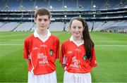 28 August 2016; Eoghan Ketterick, Brackloon NS, Westport, Mayo, and Ellie Hyland, Brackloon NS, Westport, Mayo, prior to the INTO Cumann na mBunscol GAA Respect Exhibition Go Games at the GAA Football All-Ireland Senior Championship Semi-Final game between Dublin and Kerry at Croke Park in Dublin. Photo by Piaras Ó Mídheach/Sportsfile