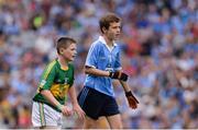 28 August 2016; Daniel Reilly, St Mary's Parish Primary School, Drogheda, Louth, representing Dublin, and TJ Carroll, Loughmore, Templemore, Tipperary, representing Kerry, during the INTO Cumann na mBunscol GAA Respect Exhibition Go Games at the GAA Football All-Ireland Senior Championship Semi-Final game between Dublin and Kerry at Croke Park in Dublin. Photo by Piaras Ó Mídheach/Sportsfile