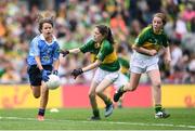 28 August 2016; Jayne Merren, St Laurence's NS, Kindlestown, Wicklow, representing Dublin, in action against Róisín Montgomery, Mullagh NS, Mullagh, Ennis, Clare, representing Kerry,  during the INTO Cumann na mBunscol GAA Respect Exhibition Go Games at the GAA Football All-Ireland Senior Championship Semi-Final game between Dublin and Kerry at Croke Park in Dublin. Photo by Stephen McCarthy/Sportsfile