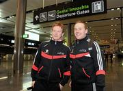 24 November 2010; Charlie Harrison, Sligo, left, and Andy Moran, Mayo, prior to departure for Kuala Lumpur ahead of the 2010 GAA Football All-Stars Tour, sponsored by Vodafone. Dublin Airport, Dublin. Picture credit: Brian Lawless / SPORTSFILE