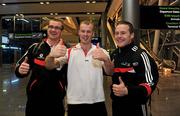24 November 2010; Louth's Paddy Keenan, left, Michael Shields, Cork, and Andy Moran, Mayo, prior to departure for Kuala Lumpur ahead of the 2010 GAA Football All-Stars Tour, sponsored by Vodafone. Dublin Airport, Dublin. Picture credit: Brian Lawless / SPORTSFILE