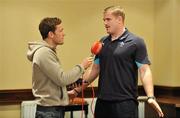 24 November 2010; Ireland's Jamie Heaslip is interviewed by Simon Hick of Newstalk at a press conference ahead of their Autumn International against Argentina on Sunday. Ireland Rugby Squad Team Announcement, Fitzpatrick's Castle Hotel, Killiney, Dublin. Picture credit: Brendan Moran / SPORTSFILE