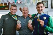 29 August 2016; Coach Dominic Casey, centre, with Rio 2016 Olympic silver medallist Gary O'Donovan, left, and Rio 2016 Olympic silver medallist and 2016 World Championships gold medallist Paul O'Donovan after a press conference at the Skibbereen Rowing Club in Skibbereen, Co. Cork. Photo by Brendan Moran/Sportsfile