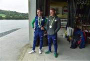 29 August 2016; Rio 2016 Olympic silver medallist and 2016 World Championships gold medallist Paul O'Donovan, left, with his brother, Rio 2016 Olympic silver medallist, Gary O'Donovan in the boathouse looking onto the Ilen river at the Skibbereen Rowing Club in Skibbereen, Co. Cork. Photo by Brendan Moran/Sportsfile
