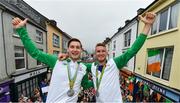 29 August 2016; Paul O'Donovan and Gary, right, as they arrive home on an open top bus through Skibbereen village after their success in the Rio 2016 Olympic Games. Photo by Brendan Moran/Sportsfile