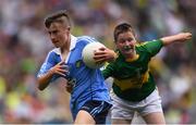 28 August 2016; Adam O'Neill, St Fiachra's Senior School, Beamount, Dublin, representing Dublin, is tackled by TJ Carroll, Loughmore, Templemore, Tipperary, representing Kerry, in action during the INTO Cumann na mBunscol GAA Respect Exhibition Go Games at the GAA Football All-Ireland Senior Championship Semi-Final game between Dublin and Kerry at Croke Park in Dublin. Photo by Ramsey Cardy/Sportsfile