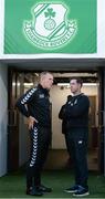30 August 2016; Derry City manager Kenny Shiels, left, and Shamrock Rovers manager Stephen Bradley in conversation ahead of the SSE Airtricity League Premier Division game between Shamrock Rovers and Derry City at Tallaght Stadium in Tallaght, Co Dublin. Photo by Seb Daly/Sportsfile