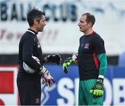 30 August 2016; Dundalk goalkeeper Gary Rogers, right, with goalkeeping coach Steve Williams during the warm up, after he was called up to the Republic of Ireland squad before the start of the Irish Daily Mail FAI Cup Third Round match between Crumlin United and Dundalk at Oriel Park in Dundalk, Co Louth. Photo by David Maher/Sportsfile