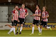 30 August 2016; Rory Patterson of Derry City, left, celebrates with team-mates after scoring his side's opening goal during the SSE Airtricity League Premier Division game between Shamrock Rovers and Derry City at Tallaght Stadium in Tallaght, Co Dublin. Photo by Seb Daly/Sportsfile