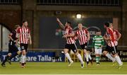 30 August 2016; Rory Patterson of Derry City, centre, celebrates with team-mates after scoring his side's opening goal during the SSE Airtricity League Premier Division game between Shamrock Rovers and Derry City at Tallaght Stadium in Tallaght, Co Dublin. Photo by Seb Daly/Sportsfile