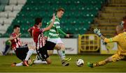 30 August 2016; Gary Shaw of Shamrock Rovers in action against Conor McDermott, left, Dean Jarvis, and goalkeeper Gerard Doherty of Derry City during the SSE Airtricity League Premier Division game between Shamrock Rovers and Derry City at Tallaght Stadium in Tallaght, Co Dublin. Photo by Seb Daly/Sportsfile
