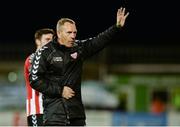 30 August 2016; Derry City manager Kenny Shiels waves to supporters following his team's victory after the SSE Airtricity League Premier Division game between Shamrock Rovers and Derry City at Tallaght Stadium in Tallaght, Co Dublin. Photo by Seb Daly/Sportsfile