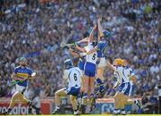 15 August 2010; John O'Brien out jumps Waterford players Michael Walsh, Tony Browne, 5, Eoin Murphy and Shane O'Sullivan, in an attempt to catch the sliothar. GAA Hurling All-Ireland Senior Championship Semi-Final, Waterford v Tipperary, Croke Park, Dublin. Picture credit: Ray McManus / SPORTSFILE