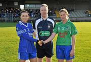 21 November 2010; Referee PJ Rabbitte, with captains Michelle Downes, West Clare Gaels, Clare, left, and Claire O'Connell, St Conleth's, Laois, before the game. Tesco All-Ireland Intermediate Ladies Football Club Championship Final, West Clare Gaels, Clare v St Conleth's, Laois, McDonagh Park, Nenagh, Co. Tipperary. Picture credit: Diarmuid Greene / SPORTSFILE