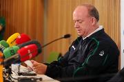 26 November 2010; Ireland head coach Declan Kidney reads out the squad during the squad announcement ahead of their Autumn International against Argentina on Sunday. Ireland Rugby Squad Announcement, Aviva Stadium, Lansdowne Road, Dublin. Picture credit: Stephen McCarthy / SPORTSFILE