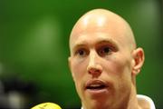 26 November 2010; Ireland's Peter Stringer speaks to the media during the squad announcement ahead of their Autumn International against Argentina on Sunday. Ireland Rugby Squad Announcement, Aviva Stadium, Lansdowne Road, Dublin. Picture credit: Stephen McCarthy / SPORTSFILE