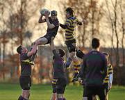 26 November 2010; Niall Cambell, Sandford Park School, wins possession in the line-out against Joe Palmer, Skerries CC. McMullen Cup Semi-Final, Skerries CC v Sandford Park School, ALSAA, Santry, Dublin. Picture credit: David Maher / SPORTSFILE