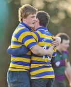 26 November 2010; Aidan Sherlock, left, congratulates his team-mate Kevin McGrath, Skerries CC, after scoring his side's third try. McMullen Cup Semi-Final, Skerries CC v Sandford Park School, ALSAA, Santry, Dublin. Picture credit: David Maher / SPORTSFILE