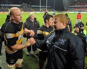 26 November 2010; Paul O'Connell, Young Munster, congratulates Shannon prop Garry McNamara after the game. All-Ireland League Division 1, Shannon v Young Munster, Thomond Park, Limerick. Picture credit: Diarmuid Greene / SPORTSFILE