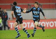 26 November 2010; Tadgh Bennett, Shannon, right, is congratulated by team-mate Marcus O'Driscoll, after kicking a penalty. All-Ireland League Division 1, Shannon v Young Munster, Thomond Park, Limerick. Picture credit: Diarmuid Greene / SPORTSFILE