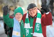 28 November 2010; Ireland rugby supporters Péarse Rice, age 11, from Drogheda, Co. Louth, with his grandfather Barry Fairtlough, from Drogheda, on the way to the match. Autumn International, Ireland v Argentina, Aviva Stadium, Lansdowne Road, Dublin. Picture credit: Brian Lawless / SPORTSFILE