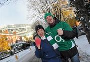 28 November 2010; Aunt of Ireland rugby international Donncha O'Callaghan, Geraldine Roche, from Blackrock, Cork, left, with Donncha's cousin Colin O'Shaughnessy, from London, on their way to the match. Autumn International, Ireland v Argentina, Aviva Stadium, Lansdowne Road, Dublin. Picture credit: Brian Lawless / SPORTSFILE