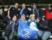 28 November 2010; Leinster supporters, back row from left Jarrod Bromley, Stepaside, Co. Dublin, Kieron Mahony, Raheny, Co. Dublin and Michael Whelan, Glasnevin, Co. Dublin, with front row from left, Sarah Whelan and Cian Nolan, both from Blackrock, Co. Dublin, Josie Kelly and Shona Aspil, both from Firhouse, Co. Dublin, show their support for their team ahead of the game. Celtic League, Ospreys v Leinster, Liberty Stadium, Swansea, Wales. Picture credit: Steve Pope / SPORTSFILE
