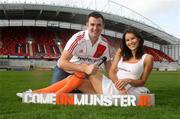 29 November 2010; Meteor model Ali Lacey is joined by www.ComeOnMunster.ie anchorman Ross O’Donoghue as Meteor search for Munster’s greatest fan - One fanatical fan from each county in Munster, as well as a wildcard fan, will make up the ‘M-Team’ and compete for the ultimate rugby prize - an all expenses paid rugby trip of a lifetime for two to New Zealand for the Rugby World Cup 2011 to blog for us at www.comeonmunster.ie! Thomond Park, Limerick. Picture credit: Michael Cowhey
