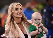 31 August 2016; Claudine Keane, wife of Robbie Keane, with their son Hudson during the Three International Friendly game between the Republic of Ireland and Oman at the Aviva Stadium in Lansdowne Road, Dublin. Photo by David Maher/Sportsfile