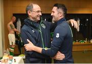 31 August 2016; Republic of Ireland manager Martin O'Neill, left, congratulates Robbie Keane in the dressing room following the Three International Friendly game between the Republic of Ireland and Oman at the Aviva Stadium in Lansdowne Road, Dublin. Photo by David Maher/Sportsfile