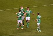 31 August 2016; Jon Walters of Republic of Ireland celebrates with team-mates, from left, Harry Arter, James McClean and Wes Hoolahan, after he scored his side's fourth goal during the Three International Friendly game between the Republic of Ireland and Oman at the Aviva Stadium in Lansdowne Road, Dublin. Photo by Daire Brennan/Sportsfile