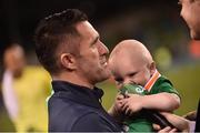 31 August 2016; Robbie Keane of Republic of Ireland, with his son Hudson, is interviewed following the Three International Friendly game between the Republic of Ireland and Oman at the Aviva Stadium in Lansdowne Road, Dublin. Photo by David Maher/Sportsfile