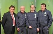 3 December 2010; Republic of Ireland manager Giovanni Trapattoni and assistant manager Marco Tardelli with Keith Ferguson, Development Officer for UK and Eire with CAFE, and Oisin Jordan, Football For All National Coordinator with the FAI, at the launch of the FAI Inclusive Supporters Club. Portmarnock Hotel and Golf Links, Portmarnock, Co. Dublin. Picture credit: David Maher / SPORTSFILE