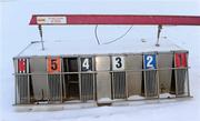 30 November 2010; A general view of the traps at the snow covered Harold's Cross Greyhound Stadium following the decision to cancel tonights card. Although the track was raceable the decision to call the meeting off was taken due to the safety factor for owners, trainers and racegoers. Harold's Cross Greyhound Stadium, Harold's Cross, Dublin. Picture credit: Stephen McCarthy / SPORTSFILE
