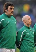 28 November 2010; Ireland's Tony Buckley, left, and Peter Stringer, stand for the national anthems. Autumn International, Ireland v Argentina, Aviva Stadium, Lansdowne Road, Dublin. Picture credit: Brian Lawless / SPORTSFILE