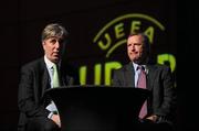 30 November 2010; FAI Chief executive John Delaney, left, and Ronnie Whelan, UEFA Europa League Final Ambassador during the launch of the UEFA Europa League Final. UEFA Europa League Final Dublin 2011 launch, Convention Centre Dublin, Spencer Dock, North Wall Quay, Dublin. Picture credit: Brian Lawless / SPORTSFILE