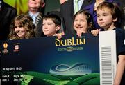 30 November 2010; Children, left to right, Isabelle Maher, age 9, from Kilcock, Co. Kildare, Adam Drewett, age 8, from Dublin, Rosin Gleeson, age 8, from Dublin and Alex McDonagh, age 8, from Dublin during the launch of the UEFA Europa League Final. UEFA Europa League Final Dublin 2011 launch, Convention Centre Dublin, Spencer Dock, North Wall Quay, Dublin. Picture credit: Brian Lawless / SPORTSFILE