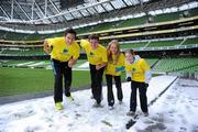 2 December 2010; Irish athletics received an early Christmas present today with the announcement that insurance company Aviva will sponsor Irish School’s Athletics for the next three years. Reflecting the current high quality of athletes coming up through schools’ athletics at present, Siofra Cleirigh-Buttner, age 14, fresh from her successes in the recent Inter-County Cross Country Championships was at the sponsorship announcement along with Olympian and World Champion Eamonn Coghlan. At the announcement were athletes, from left, Brian Gregan, Patrick O'Connor, Ailis McSweeney and Siofra Cleirigh-Buttner. Aviva Stadium, Lansdowne Road, Dublin. Picture credit: Stephen McCarthy / SPORTSFILE