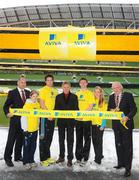 2 December 2010; Irish athletics received an early Christmas present today with the announcement that insurance company Aviva will sponsor Irish School’s Athletics for the next three years. Reflecting the current high quality of athletes coming up through schools’ athletics at present, Siofra Cleirigh-Buttner, age 14, fresh from her successes in the recent Inter-County Cross Country Championships was at the sponsorship announcement along with Olympian and World Champion Eamonn Coghlan. At the announcement was Jim Dowdall, Chief Executive of Aviva Group Ireland, left, Michael Hunt, President of the Irish Schools Athletics Association of Ireland, right, Olympian and World Champion Eamonn Coghlan with athletes, from left, Siofra Cleirigh-Buttner, Brian Greegan, Patrick O'Connor and Ailis McSweeney. Aviva Stadium, Lansdowne Road, Dublin. Picture credit: Stephen McCarthy / SPORTSFILE