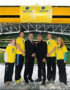 2 December 2010; Irish athletics received an early Christmas present today with the announcement that insurance company Aviva will sponsor Irish School’s Athletics for the next three years. Reflecting the current high quality of athletes coming up through schools’ athletics at present, Siofra Cleirigh-Buttner, age 14, fresh from her successes in the recent Inter-County Cross Country Championships was at the sponsorship announcement along with Olympian and World Champion Eamonn Coghlan. At the announcement was Jim Dowdall, Chief Executive of Aviva Group Ireland, and Olympian and World Champion Eamonn Coghlan with athletes, from left, Siofra Cleirigh-Buttner, Brian Greegan, Patrick O'Connor and Ailis McSweeney. Aviva Stadium, Lansdowne Road, Dublin. Picture credit: Stephen McCarthy / SPORTSFILE