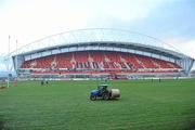 4 December 2010; Ground staff remove bales of hay, which was used to protect the pitch from the recent cold weather, before the game. Celtic League, Munster v Cardiff Blues, Thomond Park, Limerick. Picture credit: Brendan Moran / SPORTSFILE